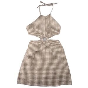 Tan White Gingham Halter Cutout Ring Detail Mini Dress